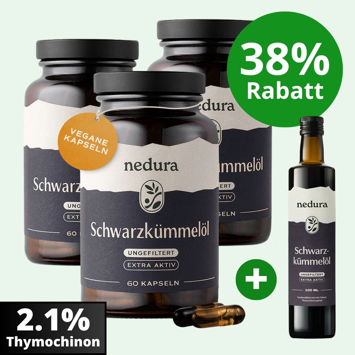 nedura | 3x Extra Aktiv Schwarzkümmelöl Kapseln + 1x GRATIS Extra Aktiv Schwarzkümmelöl 100ml
